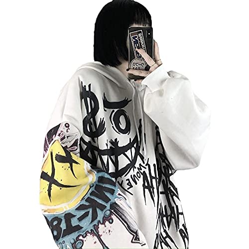 MOMEITU Gothic women's hooded sweater female raw bag easier doodle print plus velvet thick long sleeve shirt (S, white)