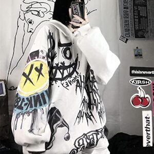 MOMEITU Gothic women's hooded sweater female raw bag easier doodle print plus velvet thick long sleeve shirt (S, white)