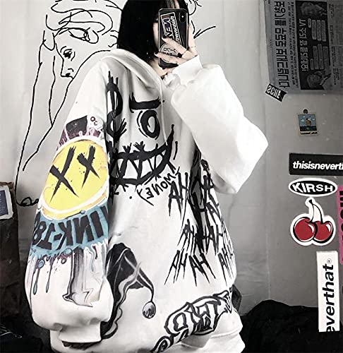 MOMEITU Gothic women's hooded sweater female raw bag easier doodle print plus velvet thick long sleeve shirt (S, white)