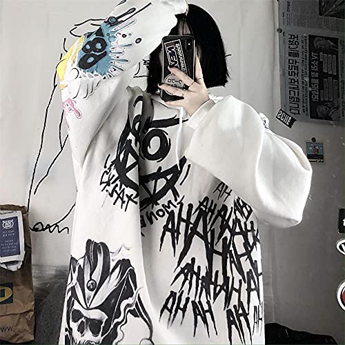 MOMEITU Gothic women's hooded sweater female raw bag easier doodle print plus velvet thick long sleeve shirt (S, white)