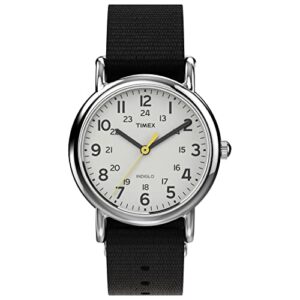 timex women's weekender 31mm watch – silver-tone case white dial with black fabric strap