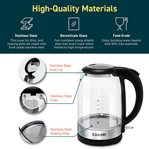 COSORI Pour Over Coffee Maker with Double-layer Stainless Steel Filter,34 Ounce & Electric Kettle with Upgraded Stainless Steel Filter and Inner Lid, Wide Opening Glass Tea Kettle,1.7L, Black