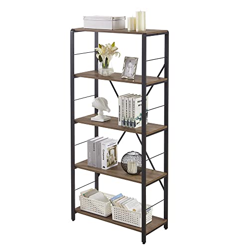 FOLUBAN 5 Tier Tall Bookshelf, Industrial Vintage Book Shelf, Rustic Wood and Metal Bookcase for Home Office Bedroom, Oak