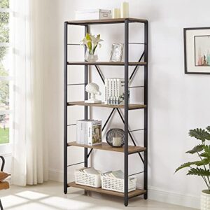 foluban 5 tier tall bookshelf, industrial vintage book shelf, rustic wood and metal bookcase for home office bedroom, oak
