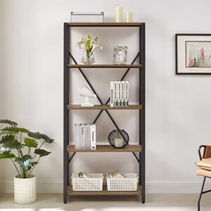 FOLUBAN 5 Tier Tall Bookshelf, Industrial Vintage Book Shelf, Rustic Wood and Metal Bookcase for Home Office Bedroom, Oak