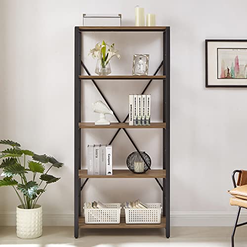 FOLUBAN 5 Tier Tall Bookshelf, Industrial Vintage Book Shelf, Rustic Wood and Metal Bookcase for Home Office Bedroom, Oak