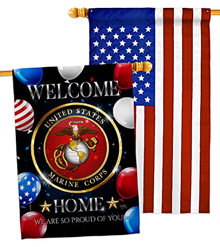 Welcome Home Marine Corp House Flag - Pack Armed Forces Corps USMC Semper Fi United State American Military Veteran Retire Official USA Applique - Banner Small Garden Yard Gift Double-Sided 28 X 40