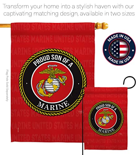 Breeze Decor Proud Son House Flag Pack Armed Forces Marine Corps USMC Semper Fi United State American Military Veteran Retire Official Applique Banner Small Garden Yard Gift Double-Sided, Made in USA
