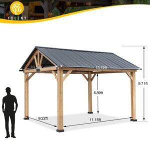 YOLENY 11' x 13' Wood Gazebo Outdoor Gazebo Spruce Wood Framed Gazebo with Black Steel Hardtop Roof for Garden, Patio, Lawns, Parties