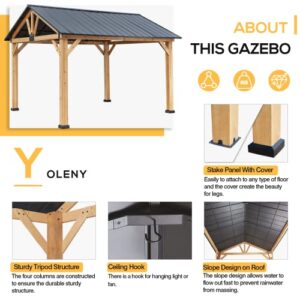 YOLENY 11' x 13' Wood Gazebo Outdoor Gazebo Spruce Wood Framed Gazebo with Black Steel Hardtop Roof for Garden, Patio, Lawns, Parties