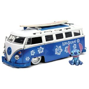 jada toys disney lilo & stitch 1:24 volkswagen t1 bus die-cast car with stitch figure, toys for kids and adults, blue