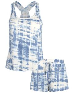 lucky brand women's pajama set - 2 piece cross back tank top and sleep shorts (s-xl), size large, blue tie dye
