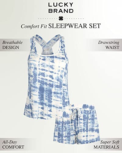 Lucky Brand Women's Pajama Set - 2 Piece Cross Back Tank Top and Sleep Shorts (S-XL), Size Large, Blue Tie Dye