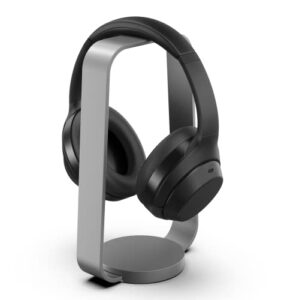 humancentric headphone stand headset holder in space gray, weighted aluminum headphone holder, desk headphone hanger displays and holds headsets, works with most headphone brands and sizes