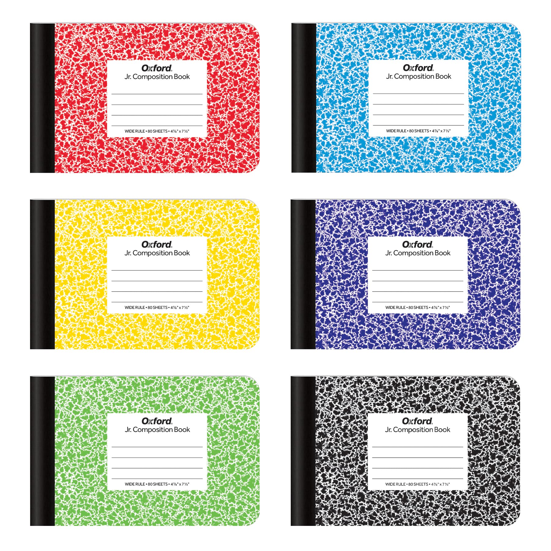 Oxford Jr. Composition Notebooks, Half Size, 4-7/8 x 7-1/2 Inches, Wide Ruled Paper, 80 Sheets, Assorted Primary Covers, 6 Pack (63779)