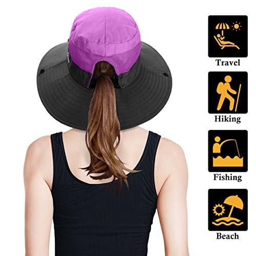 4 Pack Womens Ponytail Summer Sun Hat UV Protection Foldable Mesh Wide Brim Beach Fishing Cap (4 Pack-Purple＆Watermelon Red＆Sky Blue＆Grey)