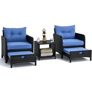 pamapic 5 pieces wicker patio furniture set outdoor patio chairs with ottomans conversation furniture with coffetable for poorside garden balcony(blue cushion + black rattan)…