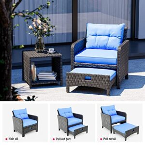 Pamapic 5 Pieces Wicker Patio Furniture Set Outdoor Patio Chairs with Ottomans Conversation Furniture with coffetable for Poorside Garden Balcony(Blue Cushion + Black Rattan)…