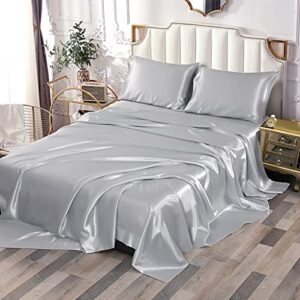 sfoothome silver satin bed sheet set, satin sheets queen size, deep pocket silky satin sheet set with 1 fitted sheet, 1 flat sheet and 2 pillow cases- wrinkle, fade, stain resistant- 4 piece