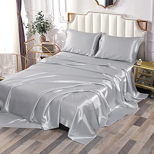 Sfoothome Silver Satin Bed Sheet Set, Satin Sheets Queen Size, Deep Pocket Silky Satin Sheet Set with 1 Fitted Sheet, 1 Flat Sheet and 2 Pillow Cases- Wrinkle, Fade, Stain Resistant- 4 Piece