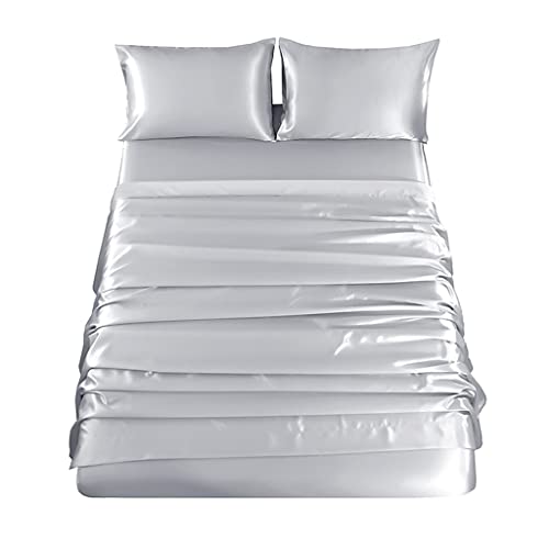 Sfoothome Silver Satin Bed Sheet Set, Satin Sheets Queen Size, Deep Pocket Silky Satin Sheet Set with 1 Fitted Sheet, 1 Flat Sheet and 2 Pillow Cases- Wrinkle, Fade, Stain Resistant- 4 Piece