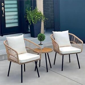 YITAHOME 3 Pieces Outdoor Wicker Patio Conversation Bistro Set, All-Weather Rattan Patio Furniture Set with Table & Cushions, Outdoor Sectional Sofa for Patio, Balcony, Backyard, Deck