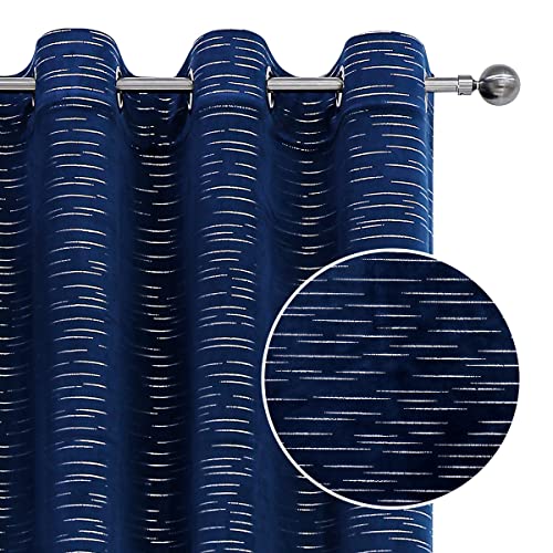 PLWORLD Navy Blue Decorative Velvet Curtains 84 Inch Long for Living Room Bedroom, Soft Luxury Line Pattern Metallic Printed Window Treatment, Grommet Top Drapes 52" W 2 Panels