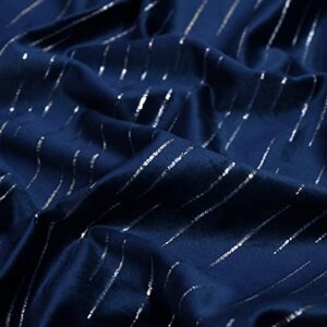 PLWORLD Navy Blue Decorative Velvet Curtains 84 Inch Long for Living Room Bedroom, Soft Luxury Line Pattern Metallic Printed Window Treatment, Grommet Top Drapes 52" W 2 Panels