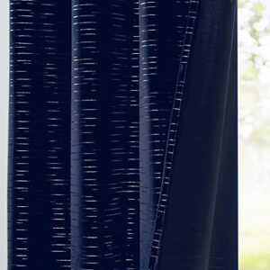 PLWORLD Navy Blue Decorative Velvet Curtains 84 Inch Long for Living Room Bedroom, Soft Luxury Line Pattern Metallic Printed Window Treatment, Grommet Top Drapes 52" W 2 Panels