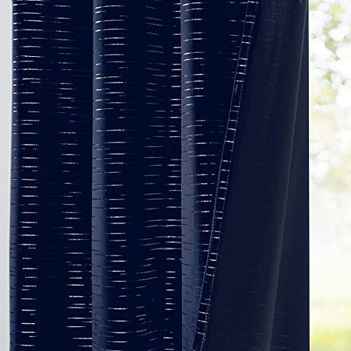 PLWORLD Navy Blue Decorative Velvet Curtains 84 Inch Long for Living Room Bedroom, Soft Luxury Line Pattern Metallic Printed Window Treatment, Grommet Top Drapes 52" W 2 Panels