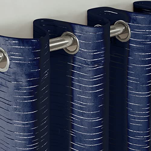 PLWORLD Navy Blue Decorative Velvet Curtains 84 Inch Long for Living Room Bedroom, Soft Luxury Line Pattern Metallic Printed Window Treatment, Grommet Top Drapes 52" W 2 Panels