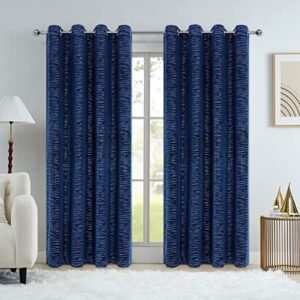 PLWORLD Navy Blue Decorative Velvet Curtains 84 Inch Long for Living Room Bedroom, Soft Luxury Line Pattern Metallic Printed Window Treatment, Grommet Top Drapes 52" W 2 Panels