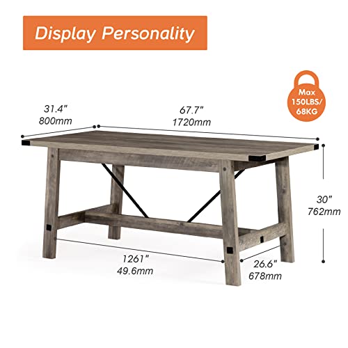 WAMPAT 6 Person Modern Dining Room Table, 67.7 Inch Rectangular Wood Kitchen Table, Rustic Grey