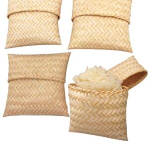 FOREVER 1 – Sticky Rice Basket 4(3.5) x 4(3.5) In., Kratip Bamboo Steamed Sticky Rice Container, Thailand Handmade Serving Basket, Original Bamboo Color, Thai and Laos Flat Kratib for Home, Restaurant