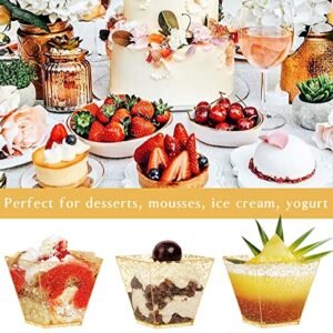 Kucoele 100 Pack 2 oz Mini Dessert Cups with Spoons, Gold Glitter Plastic Serving Cups for Small Appetizers Parfaits Puddings Fruits Yogurts and Tastings