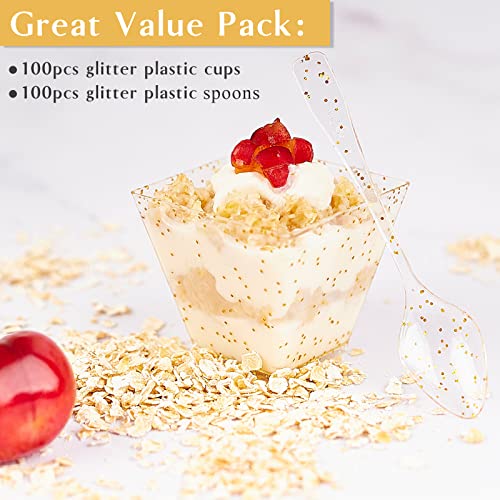 Kucoele 100 Pack 2 oz Mini Dessert Cups with Spoons, Gold Glitter Plastic Serving Cups for Small Appetizers Parfaits Puddings Fruits Yogurts and Tastings