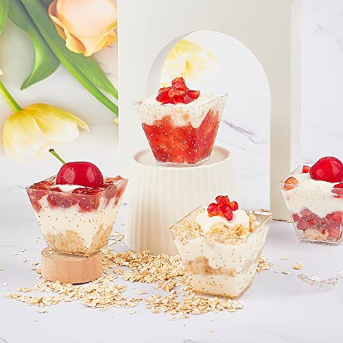 Kucoele 100 Pack 2 oz Mini Dessert Cups with Spoons, Gold Glitter Plastic Serving Cups for Small Appetizers Parfaits Puddings Fruits Yogurts and Tastings