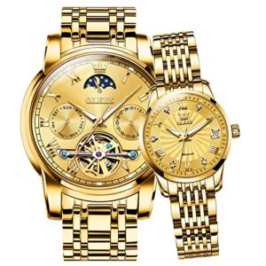 olevs gold couple automatic watches for men and women his and hers watch set gifts mechanical self-winding tourbillon big face dress wrist watch with day date calendar golden