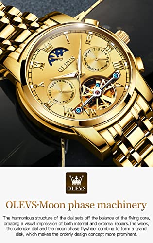 OLEVS Gold Couple Automatic Watches for Men and Women His and Hers Watch Set Gifts Mechanical Self-Winding Tourbillon Big Face Dress Wrist Watch with Day Date Calendar Golden