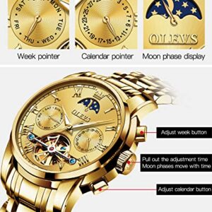 OLEVS Gold Couple Automatic Watches for Men and Women His and Hers Watch Set Gifts Mechanical Self-Winding Tourbillon Big Face Dress Wrist Watch with Day Date Calendar Golden