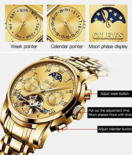 OLEVS Gold Couple Automatic Watches for Men and Women His and Hers Watch Set Gifts Mechanical Self-Winding Tourbillon Big Face Dress Wrist Watch with Day Date Calendar Golden