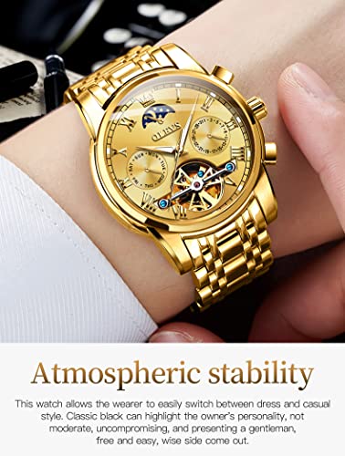 OLEVS Gold Couple Automatic Watches for Men and Women His and Hers Watch Set Gifts Mechanical Self-Winding Tourbillon Big Face Dress Wrist Watch with Day Date Calendar Golden