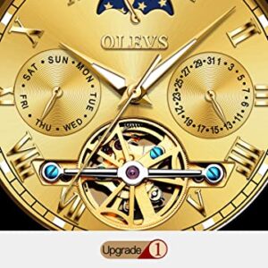 OLEVS Gold Couple Automatic Watches for Men and Women His and Hers Watch Set Gifts Mechanical Self-Winding Tourbillon Big Face Dress Wrist Watch with Day Date Calendar Golden