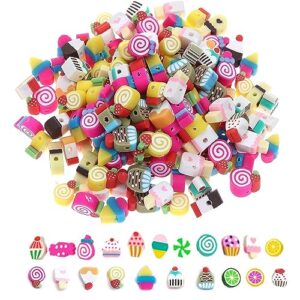 200pcs clay candy beads assorted sweets polymer spacer beads, mixed clay lucky candy charms kawaii cute bonbons fruits beads for nail diy bracelet necklace earring hair clip accessories making