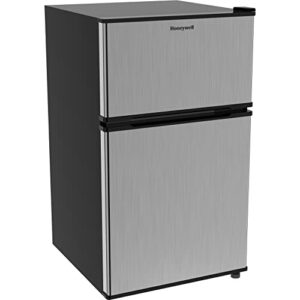 honeywell 3.1 cu ft mini fridge with freezer, double door, low noise, compact refrigerator for, office, dorm adjustable temperature, stainless steel