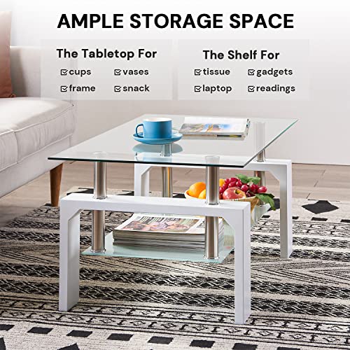 SunsGrove Coffee Table for Living Room, Modern Console Table with Storage, Clear Tempered Glass Tea Table, Rectangle Coffee Table, End Tables for Entrance, Apartment Furniture, Office, White