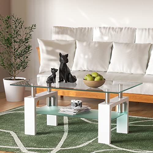 SunsGrove Coffee Table for Living Room, Modern Console Table with Storage, Clear Tempered Glass Tea Table, Rectangle Coffee Table, End Tables for Entrance, Apartment Furniture, Office, White