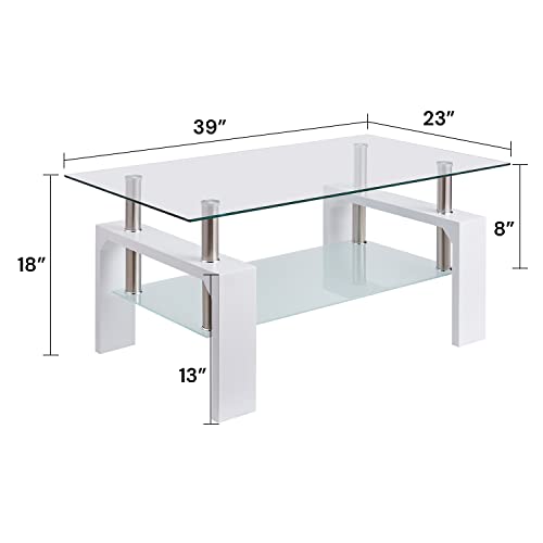 SunsGrove Coffee Table for Living Room, Modern Console Table with Storage, Clear Tempered Glass Tea Table, Rectangle Coffee Table, End Tables for Entrance, Apartment Furniture, Office, White