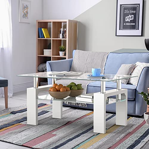 SunsGrove Coffee Table for Living Room, Modern Console Table with Storage, Clear Tempered Glass Tea Table, Rectangle Coffee Table, End Tables for Entrance, Apartment Furniture, Office, White