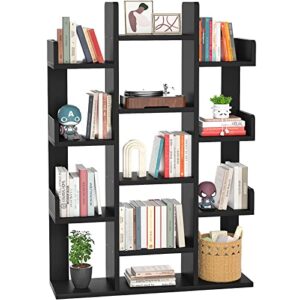 aheaplus bookshelf, tree-shaped bookcase storage shelf with 13 compartments, books organizer display cube shelves, industrial free floor standing wood open bookshelves, black